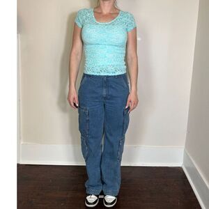 Vintage Blue Lace Sheer Shortsleeve Top Size Medium MADE IN USA